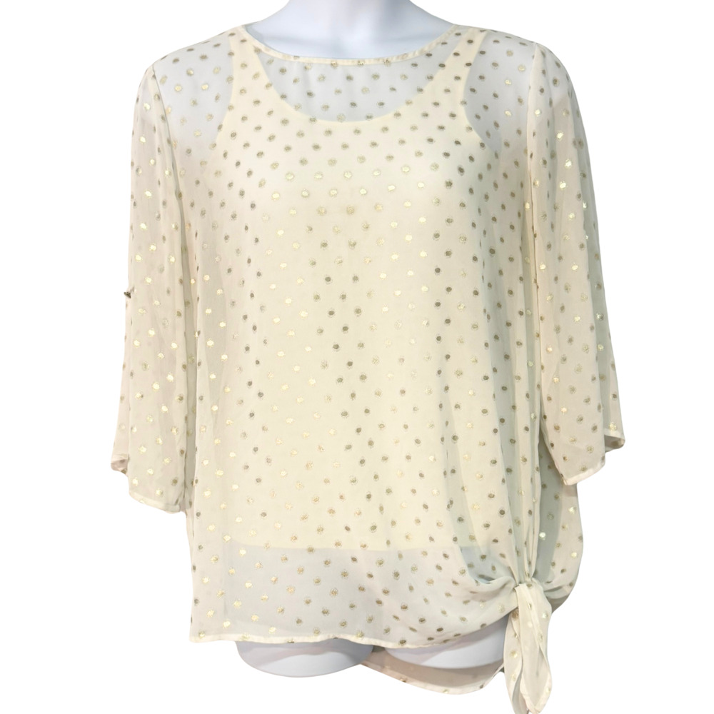 Chico's Sz 3 XL Sheer Blouse with Side Knot Roll Tab Sleeves Ivory & Gold Dots